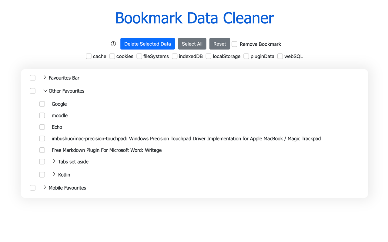 Tree view of bookmarks with data-type checkboxes