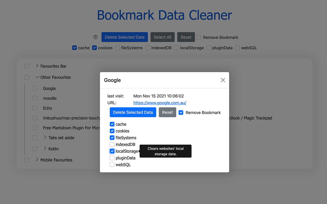 Per-site cleaning dialog with toggles