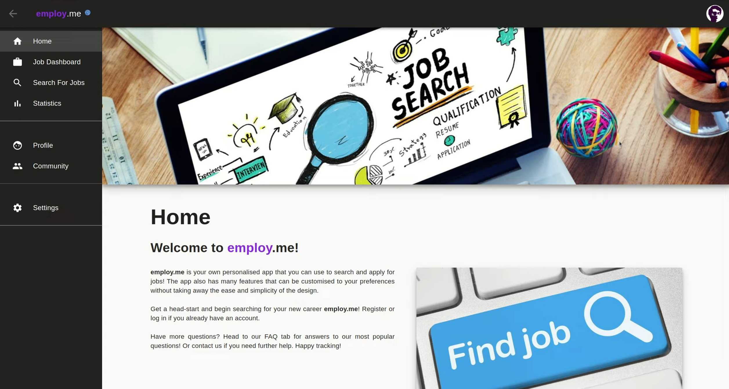 Home dashboard with navigation sidebar