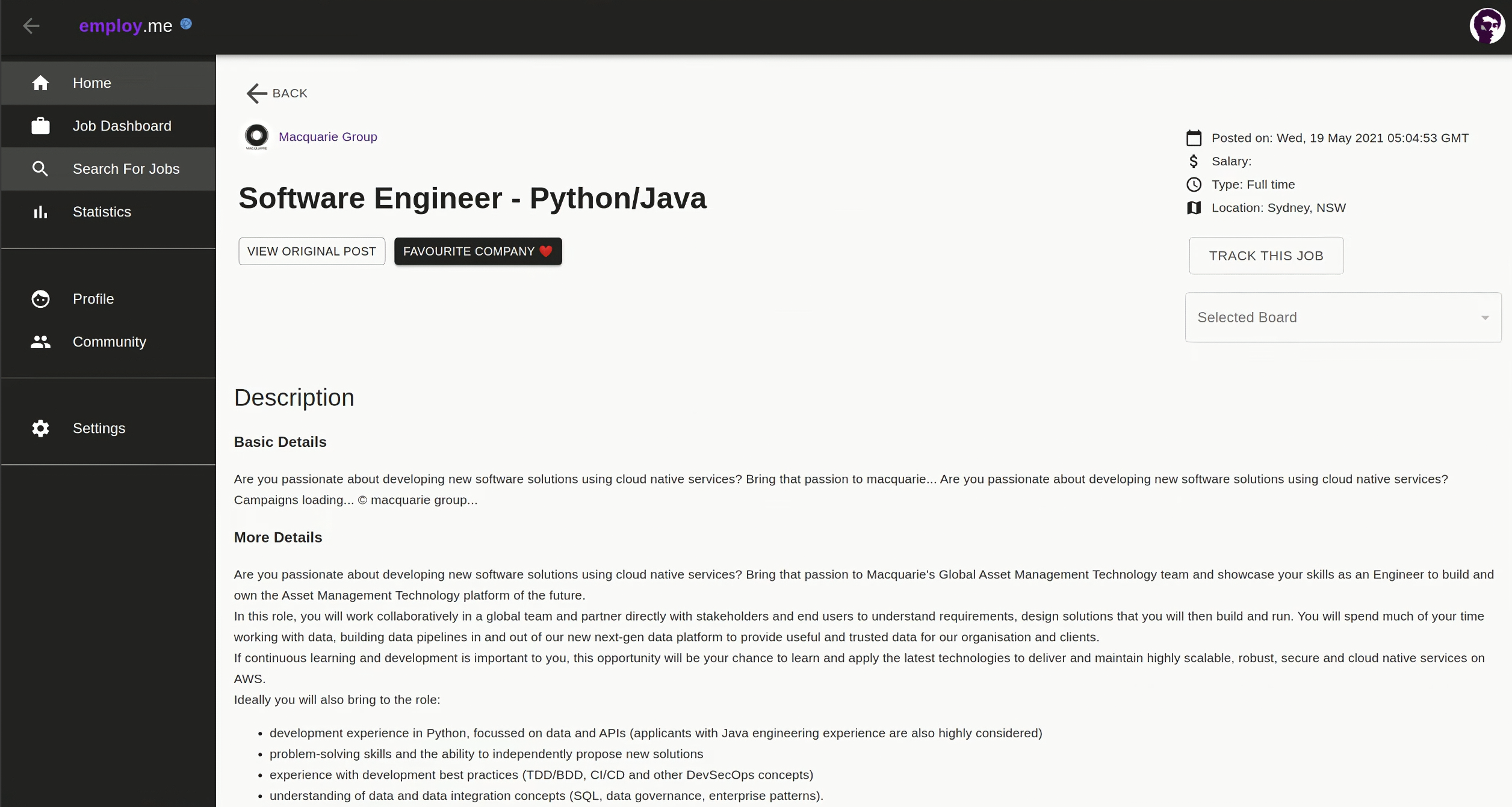 Job details page with track action