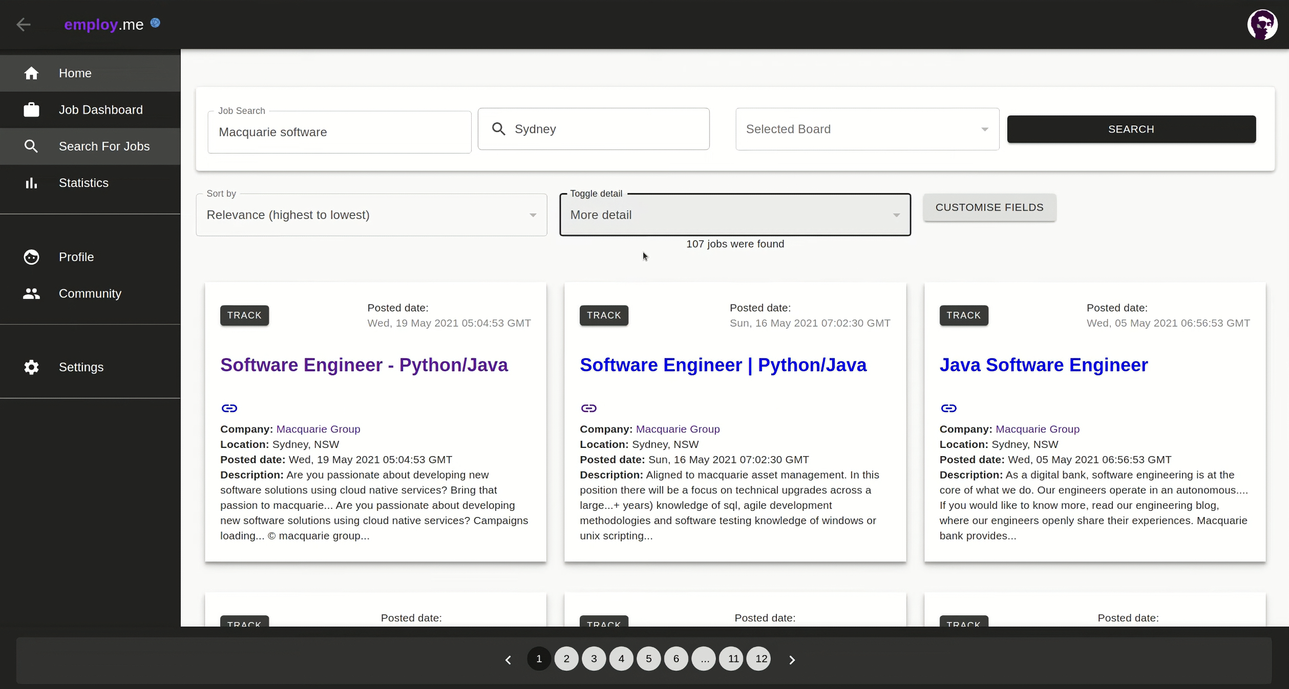 Job search results with filters and pagination