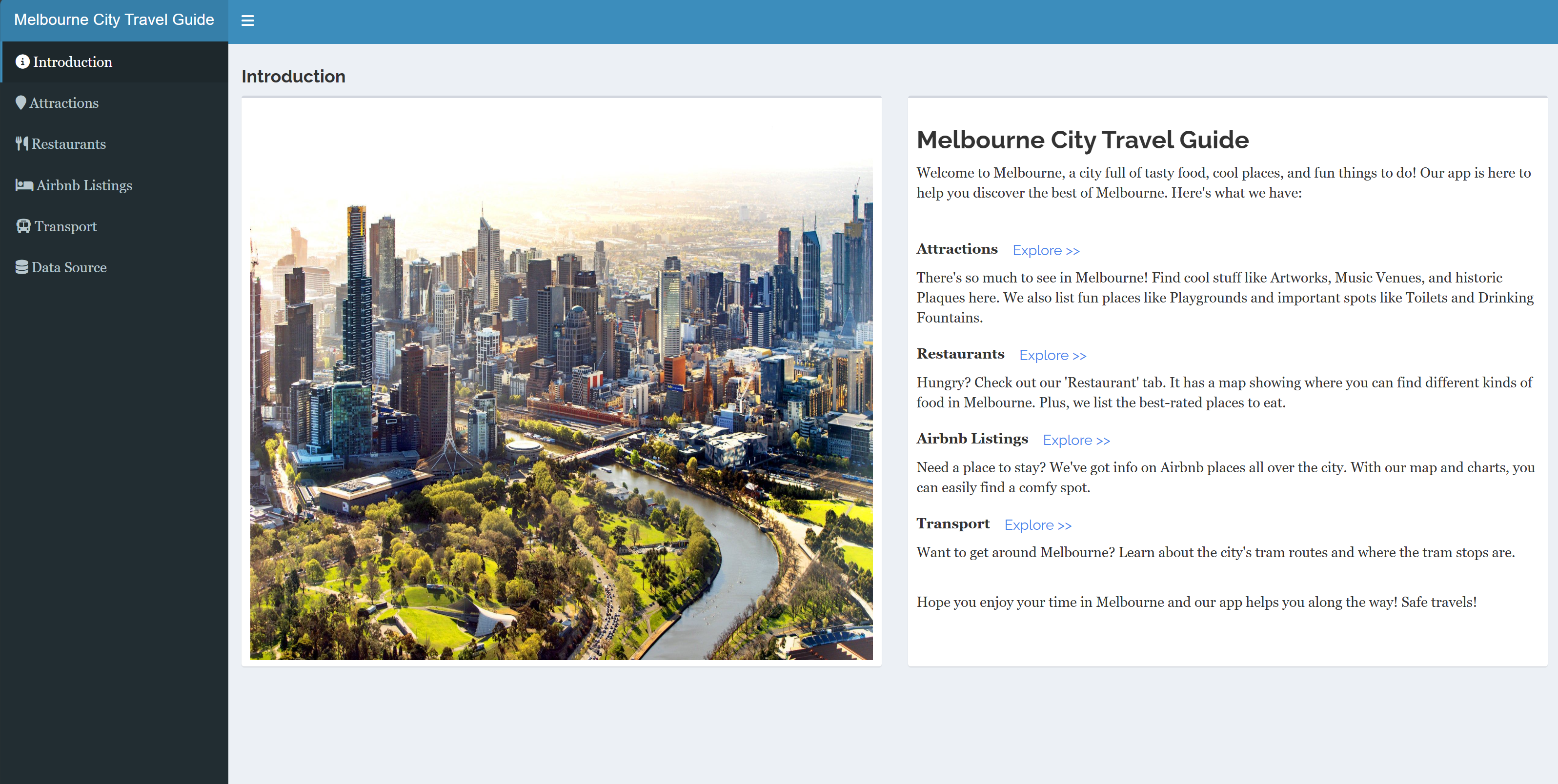 Introduction page with quick links to Attractions, Restaurants, Airbnb Listings, and Transport