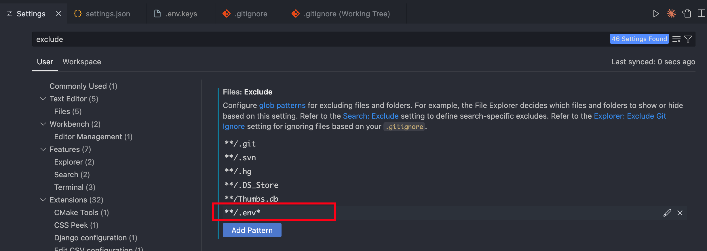 Exclude .env files from VS Code indexing