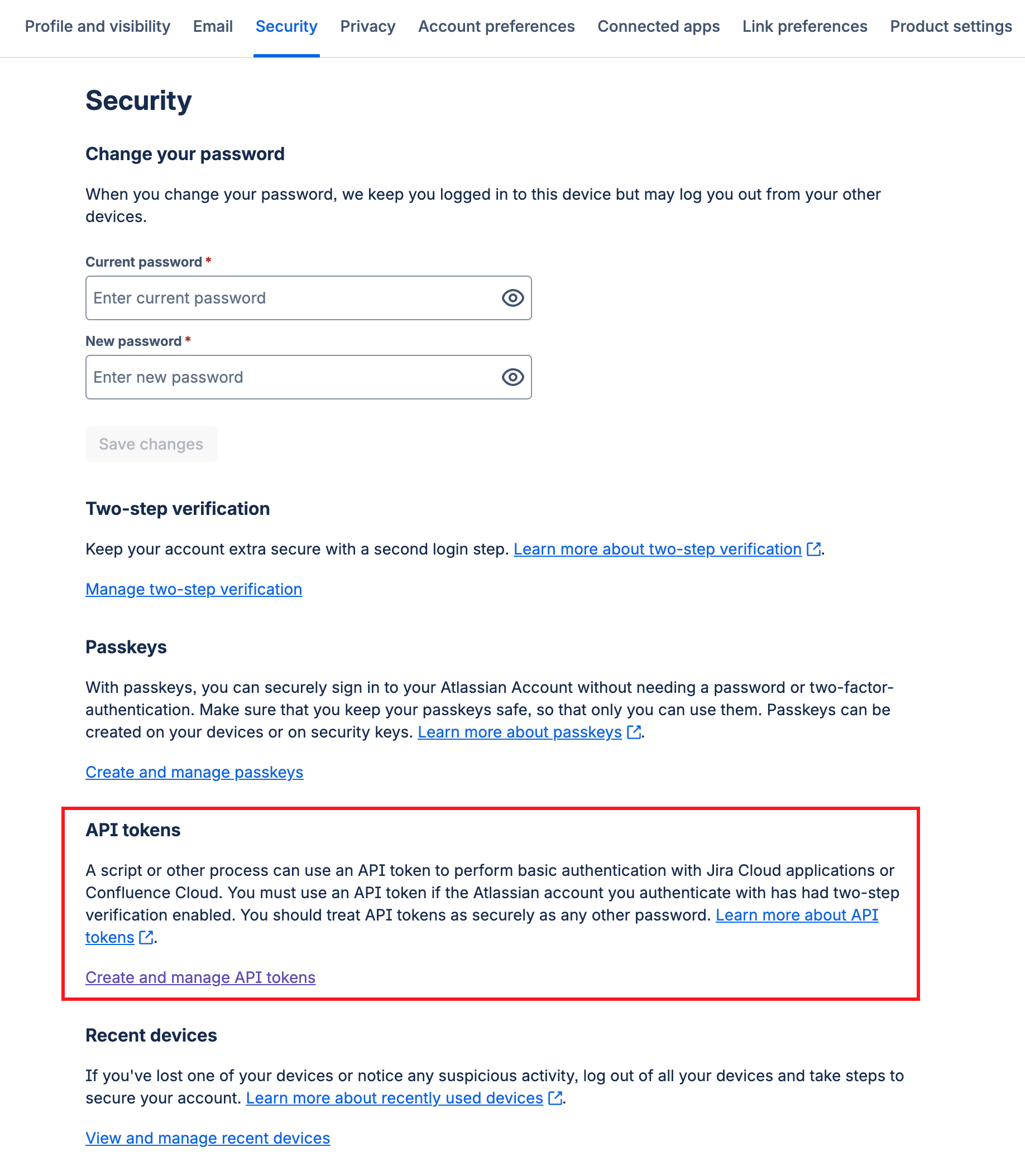 Atlassian API token creation page