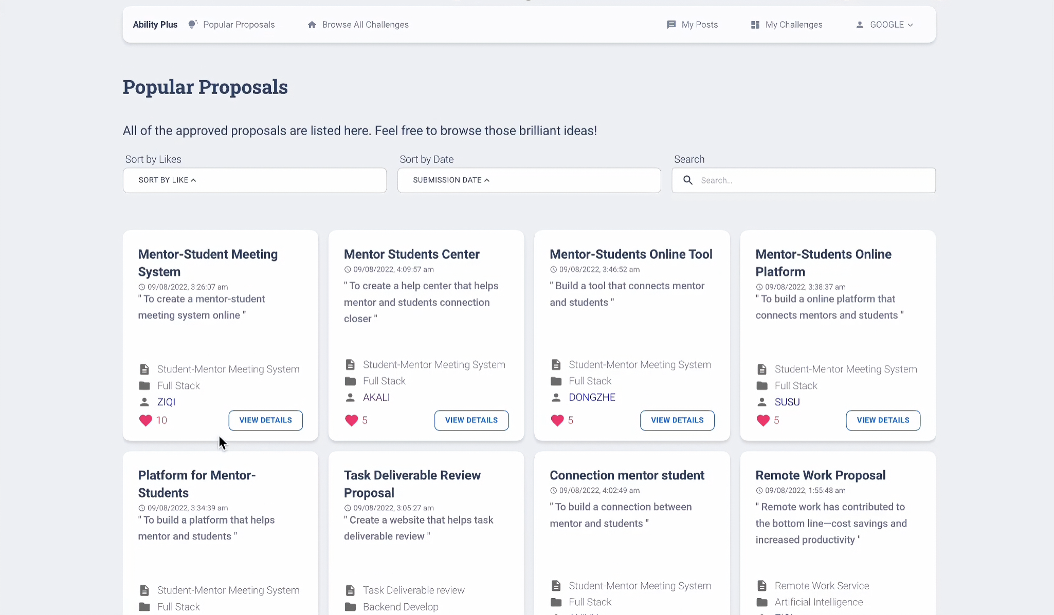 Grid of approved proposals with filters